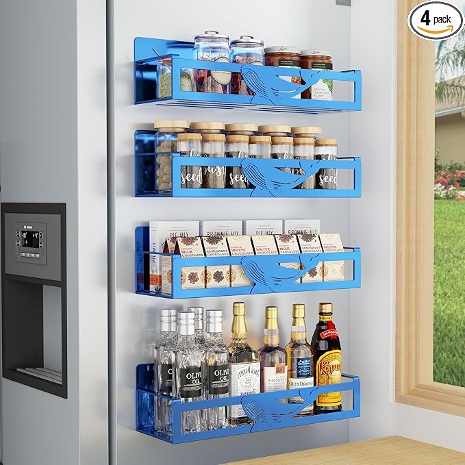 Magnetic Spice Rack for Refrigerator, 4 Pack Metal Magnetic Shelf Organizer for Fridge Side, Strong Spice Storage Rack for Kitchen, Dark Blue by AURIKAR