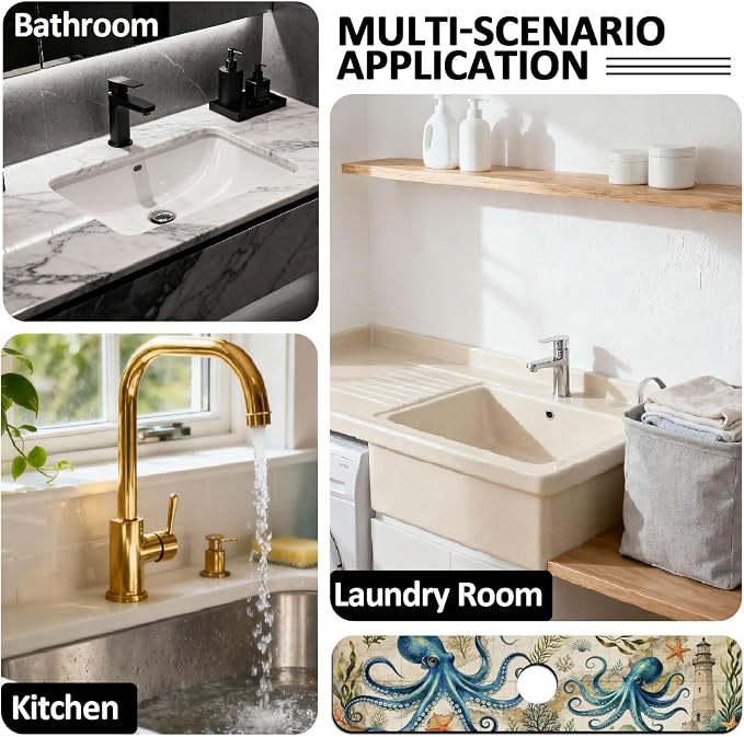 2 Pcs Kitchen Sink Splash Guard Faucet Mat Retro Ocean Octopus Pattern Faucet Mat for Sinks Flower Absorbing Drying Mats for Kitchen Bathroom - Image 7