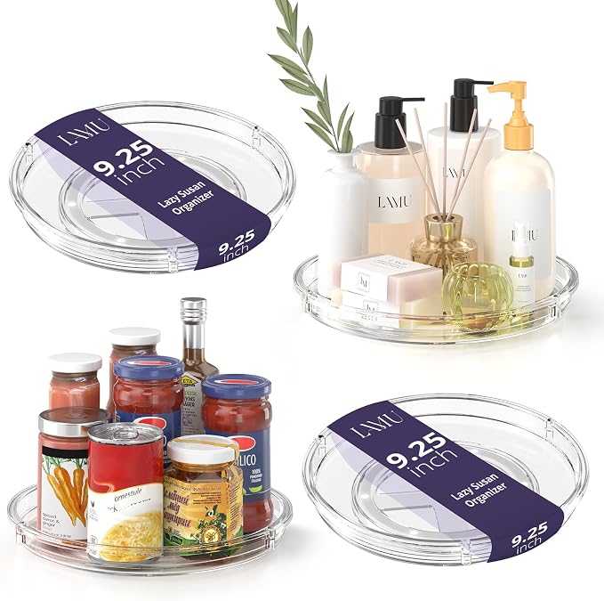 LAMU 4 Pack 9.25in Lazy Susan Organizer, Clear Lazy Susan Turntable for Cabinet, Refrigerator, Table Top, Kitchen, Bathroom, Pantry Organizers and Storage by YourHome-OrganizationHelper