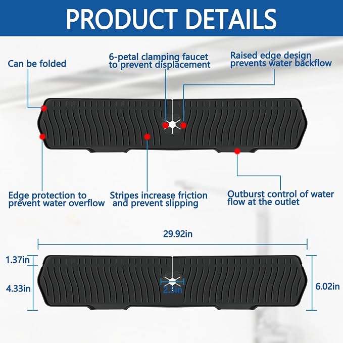 Kitchen Sink Splash Guard Gen2-30" x 6'' Silicone Sink Mat Splash Guard fit for Countertop, Bathroom,Farmhouse,RV by EBIGIC (Black) - Image 2