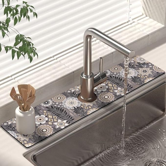 Kitchen Sink Splash Guard Faucet Mat 24" X 5.5" Boho Floral Absorbent Fast Drying Mat Faucet Draining Mat Sink Splash Guard Behind Faucet Drip Catcher for Kitchen Bathroom by Unknown