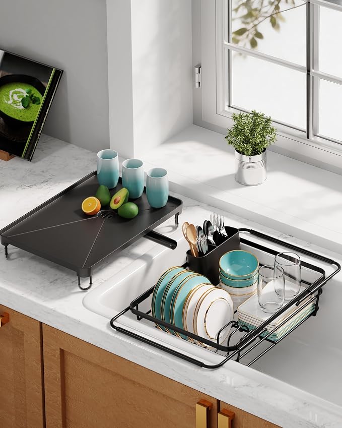 Sakugi Dish Drying Rack in Sink - Expandable Stainless Steel Dish Rack Over The Sink, Kitchen Sink Drain Strainer with Cutlery Holder & Cup Holders, 15.2 x 10.0 x 4.2 Inch, Black - Image 2
