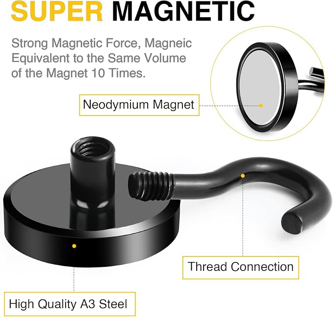 DIYMAG Magnetic Hooks,120lbs 10pcs Cruise Cabin Essentials Heavy Duty Black | Strong Neodymium Rare Earth Magnets, for Kitchen, Classroom, Beach, Cruise Cabins, Refrigerator, Hanging Key Clothes Wall Hat - Image 4
