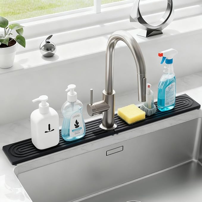 Stone Faucet Mat for Kitchen Sink, Large Fast Drying Stone Faucet Mat for Kitchen Sink with Raised Feet, Prevent Moisture Drying Diatomite Fast Tray, Dark Gray, 30" x 4" - Image 2