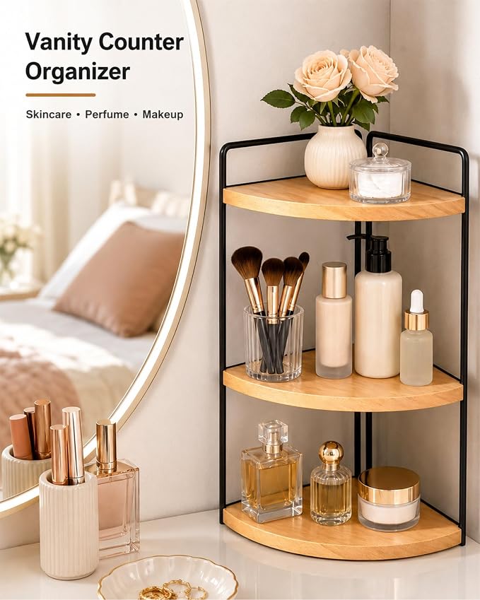3-Tier Corner Bathroom Countertop Organizer, Solid Pine Wood Vanity Shelf | Natural wood solid pine shelves with 6.3 in clearance for tall bottles, skincare, perfume, and daily essentials. - Image 5