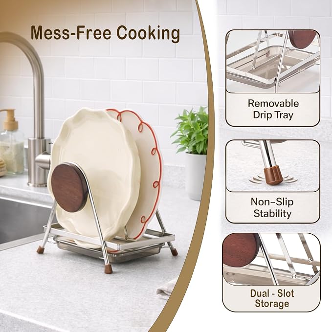 6.5mm Stainless Steel Pot Lid Holder while Cooking, Multifunctional Cutting Board Pan Lid Organizer for Countertop with Beech Wood Accents, Heavy Duty Rack with Nonslip Pads & Removable Drip Tray - Image 3