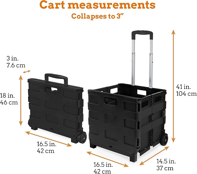 Inspired Living Collapsible Ultra-Slim Pack-N-Roll, 2 Wheel Utility Cart , With Telescopic Handle - Super Strong up to 80 Lbs Load Capacity, Black - Image 2