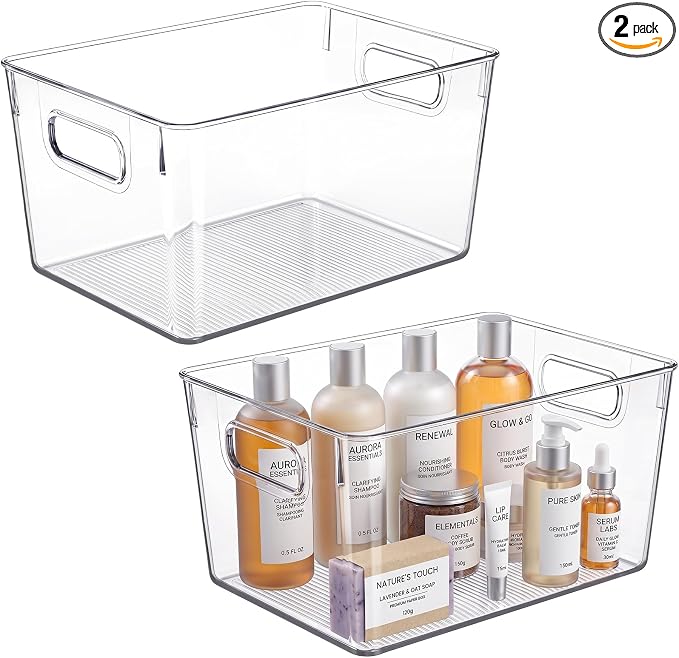 Heyuzb Pantry Organizers and Storage Large Capacity Under Sink Organizers, 2 PACK Clear Plastic Storage Bins for Kitchen, Laundry Room, Cabinet, Bathroom, Closet by HEYUZB