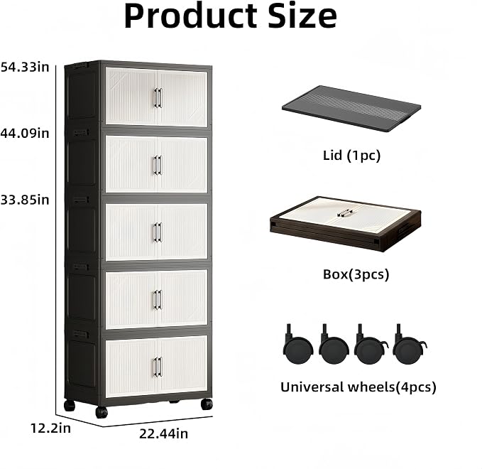 5 Tier Foldable Storage Cabinet with Top Lid, Tall Mobile PP Storage Organizer with Magnetic Doors and Wheels, Space-Saving Collapsible Organizer for Bedroom Living Room Kitchen Pantry Bathroom - Image 2