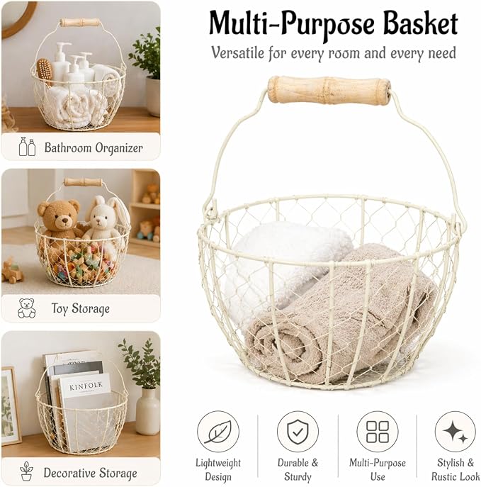 2 Pcs Egg Basket With Handle,Wire Egg Basket for Gathering Fresh Eggs, Round Egg Collecting Basket for Farm,Vintage Style Chicken and Duck Eggs Basket Egg Countertop Storage Container Holder ﻿ - Image 3