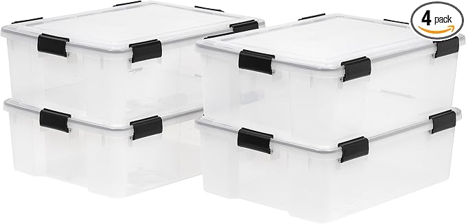 IRIS USA 4-Pack 41 Qt Storage Bins with Gasket Lids, Clear/Black | WeatherPro seal helps protect bulky items for moving, garage, attic and basement storage by IRISUSA