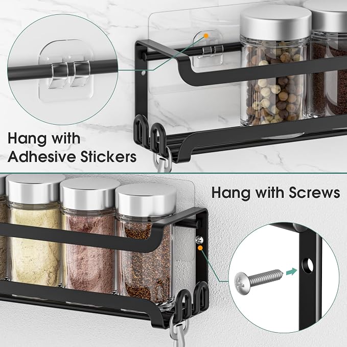 LUCYCAZ 4 Pack Wall Mounted Spice Rack for Kitchen Cabinet,RV,Camper,Black | 16 Metal Hooks, Space-Saving,Screw or Adhesive Spice Shelf Hanging,for Pantry Door Spice Jars & Seasonings,11.41×2.75×2.36in - Image 7