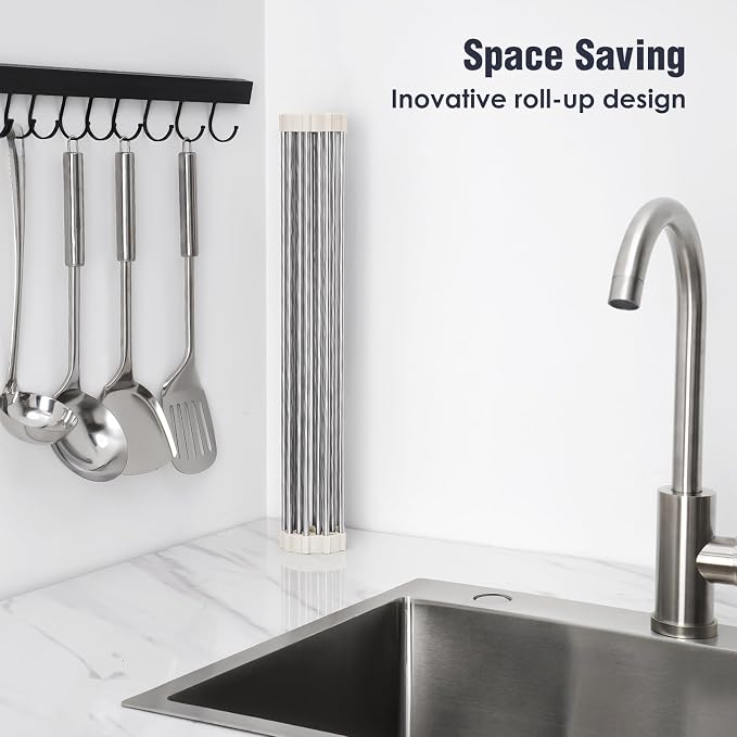 Tomorotec Roll Up Dish Drying Rack Over Sink, 304 Steel, 17.7x12.5, White | Anti-Slip Silicone Rims For Grip, Heat-Resistant Trivet Mat Holding Heavy Cookware, Rustproof Kitchen Counter Space Saver - Image 3