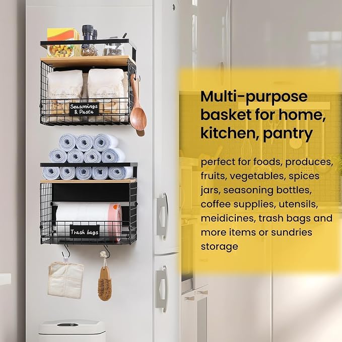 [WIDER SHELF] 2 SET Strong Magnetic Shelf Basket for Fridge with Tag & Bamboo Top, XXL Large Magnetic Spice Rack Shelves for Side of Refrigerator, Kitchen Pantry Storage Organizer for Food Fruit Veg - Image 4