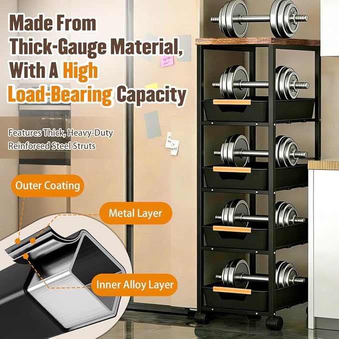 Slim Storage Cart with Wheels Pull-Out 5-Tier Rolling Storage Cart | narrow black 9.45in Wide, Mesh Baskets with Raised Edge, Wood-Grain Top, 360° Lockable Casters, Easy Assembly - Image 5