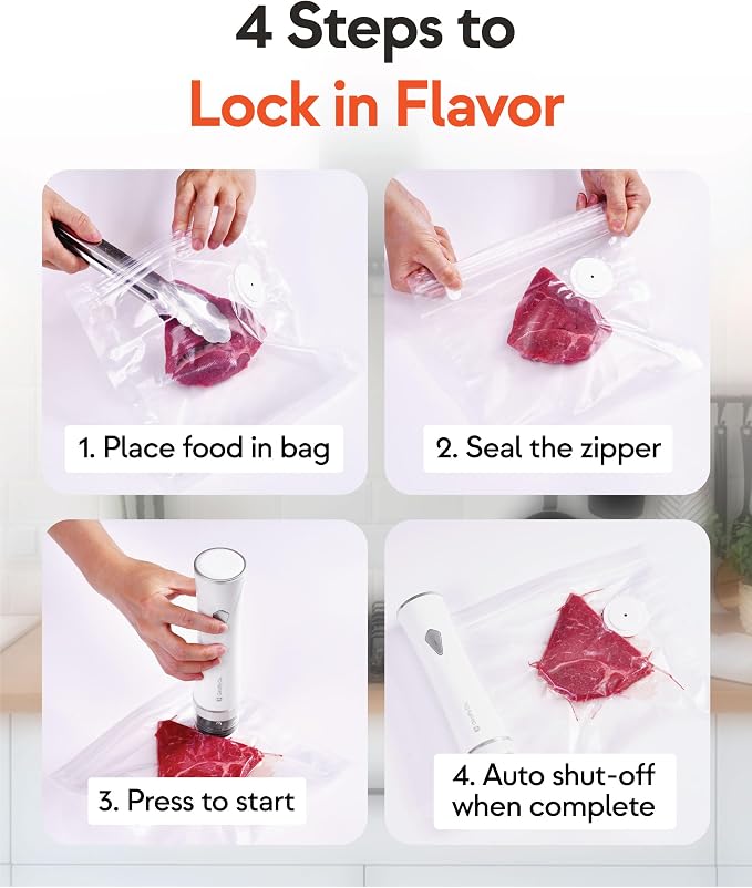 GIRAFFYCO Compact Handheld Vacuum Sealer Set with 30 Reusable Bags | 30 S/M/L Reusable Bags, 10 pc Each Size, Foldable Drying Rack, Gift Set for Meal Prep, Freezer Storage & Sous Vide - Image 3