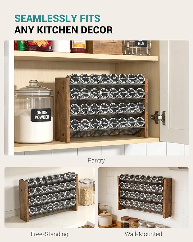 Spice Rack Organizer with 32 Glass Jars, for Cabinet Wall Mount Countertop | 4-Tier Seasoning Organizer with Labels, Chalk Marker & Funnel for Pantry, Kitchen Storage, Wood, 15.7 in W x 9.4 in H - Image 7