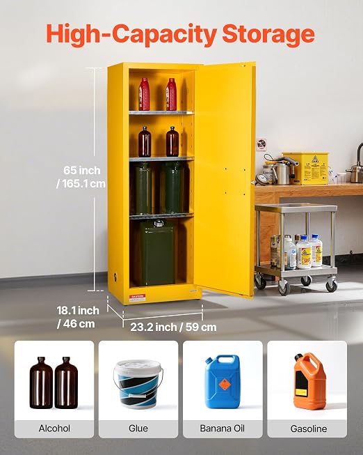 VEVOR Flammable Cabinet 18" x 23" x 65", 23 Gallon Flammable Storage Cabinet with Adjustable Shelf, Cold-Rolled and Galvanized Steel Fire Cabinets, for Commercial Industrial Home Use, Yellow - Image 4