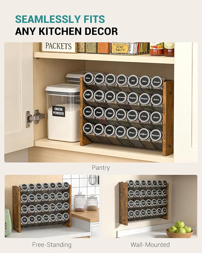 Spice Rack Organizer with 28 Glass Jars, for Cabinet Wall Mount Countertop | 4-Tier Seasoning Organizer with Labels, Chalk Marker & Funnel for Pantry, Kitchen Storage, Wood, 14 in W x 9.4 in H - Image 7
