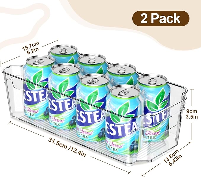 Clear Fridge Organizer, Refrigerator Organizer Bins with Handle, Freezer, Kitchen Cabinet, Pantry Organization, BPA Free Fridge Organizers (12.4 inch 2 Pack) - Image 2