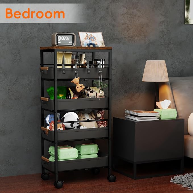5-Tier Kitchen Storage Cart, Wood Top Rolling Cart Organizer with Pull-Out Baskets & Wheels, Metal Snack Cart with Holder for Fruit, Vegetable, Microwave, Kitchen, Pantry, Black - Image 7