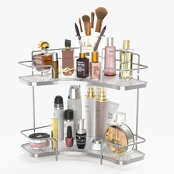 2 Tier Bathroom Organizer Countertop Corner, Makeup Organizer | Vanity Organizer Corner Shelf for Skincare, Cosmetics, Perfume, Tool-Free Assembly, Space-Saving, Silver by FOLLOWIN