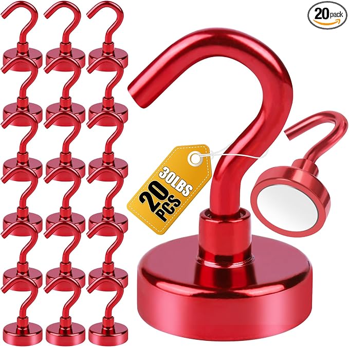 DIYMAG Magnetic Hooks 20pcs 30lbs Cruise Essentials 2026 Magnet Hook Red | Neodymium Heavy Duty Strong Magnets Hanging Ship Cabins Refrigerator Fridge Classroom Beach Vacation Kitchen Grills Home Tool by DIYMAG