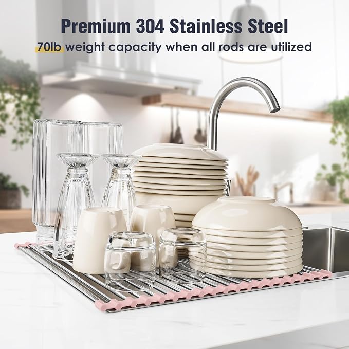 Tomorotec Roll Up Dish Drying Rack Over Sink, 304 Steel, 21x15.5, Pink | Anti-Slip Silicone Rims For Grip, Heat-Resistant Trivet Mat Holding Heavy Cookware, Rustproof Kitchen Counter Space Saver - Image 5