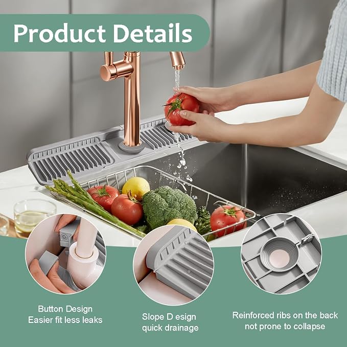 24 Inch Upgraded Draining Mat Folding Faucet Mat for kitchen sink Faucet Draining Mat with Button Lock Silicone Splash Guard faucet Pad for Kitchen Bathroom Bar(Grey) - Image 3