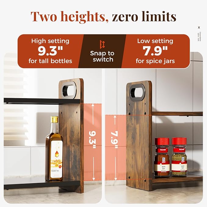 2-Tier Expandable Spice Rack Organizer for Countertop,15.2"-21.5" | Metal & Wood ,Adjustable Height Spice Racks Shelf for Counter Cabinet Coffee Station, Space-saving Kitchen Storage Shelves - Image 3