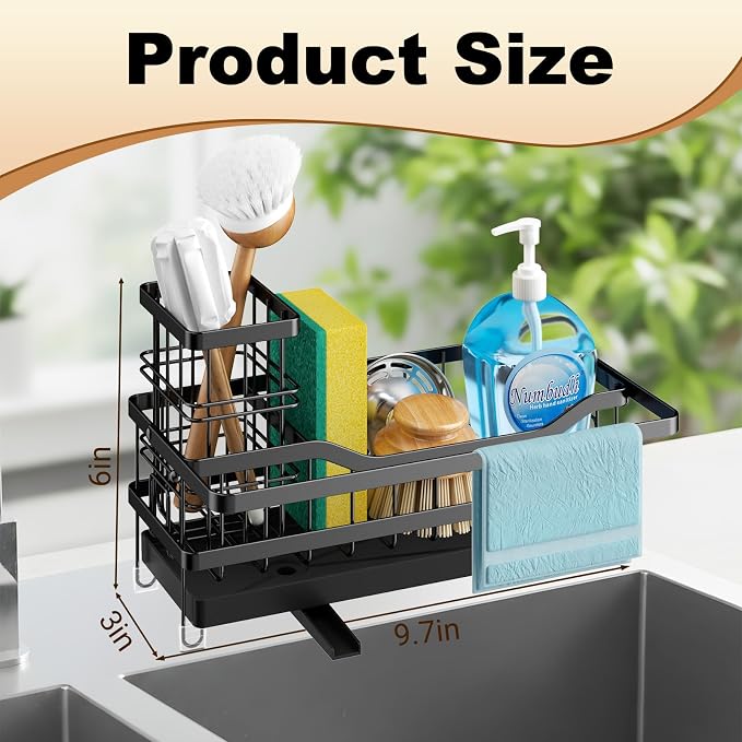 Sponge Holder for Kitchen Sink, Self-draining Sink Organizer with Towel Rack and Brush Holder, Metal Kitchen Sink Organizer for Countertop, Black - Image 3