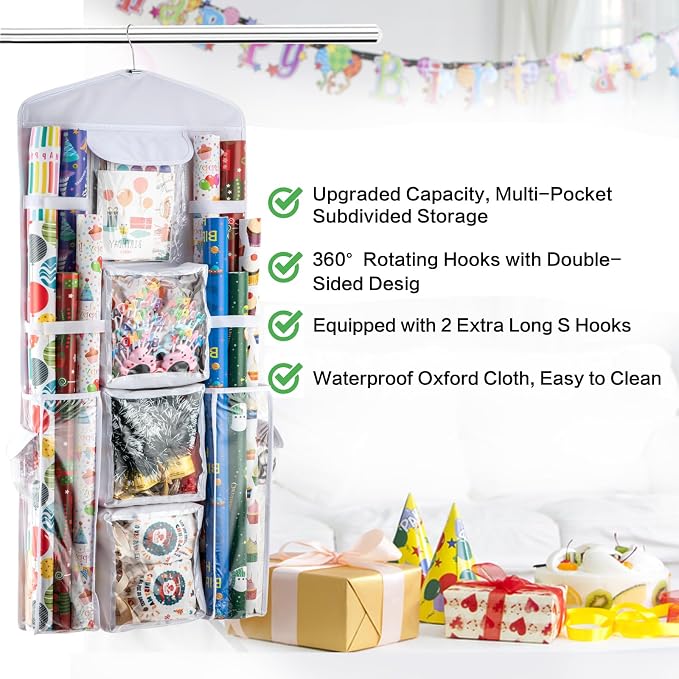 Christmas Wrapping Paper Organizer Storage, Hanging Gift Bag Storage Organizer, Double-Sided Wrapping Paper Holder Storage - White - Image 4