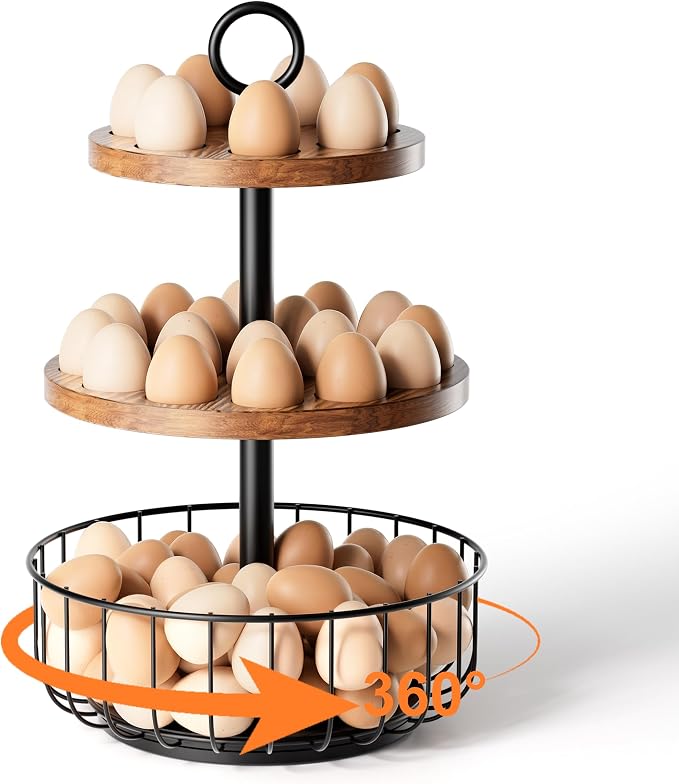3-Tier 360° Rotating Egg Holder with Basket, Holds 64+ Eggs | Rustic farmhouse egg rack, 3-tier 360° rotating; ventilated wooden trays, metal basket. Holds 24+40 eggs. by Unknown