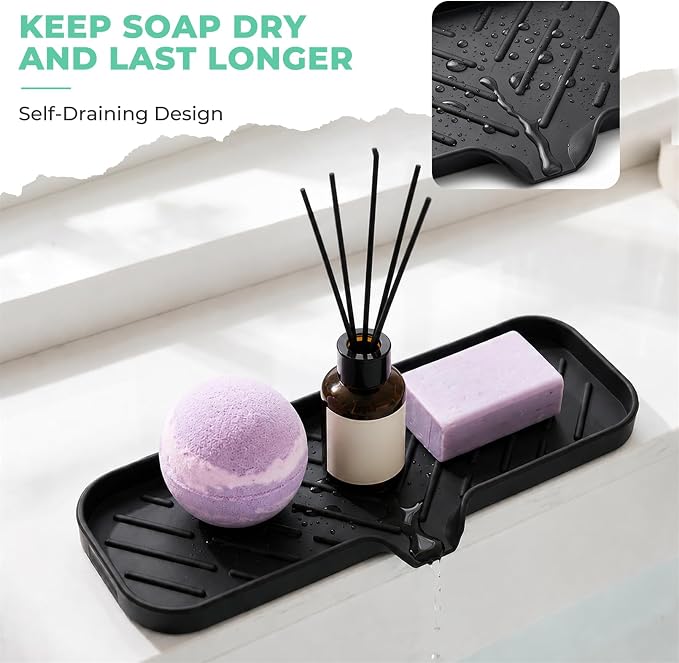 MicoYang Silicone Soap Dish with Drain Spout — Self-Draining Double Sink Organizer Tray for Kitchen & Bathroom, Dispensers, Sponges & Soap Holder, Non-Slip & Dishwasher Safe, Black (Large, 12"×4") - Image 7