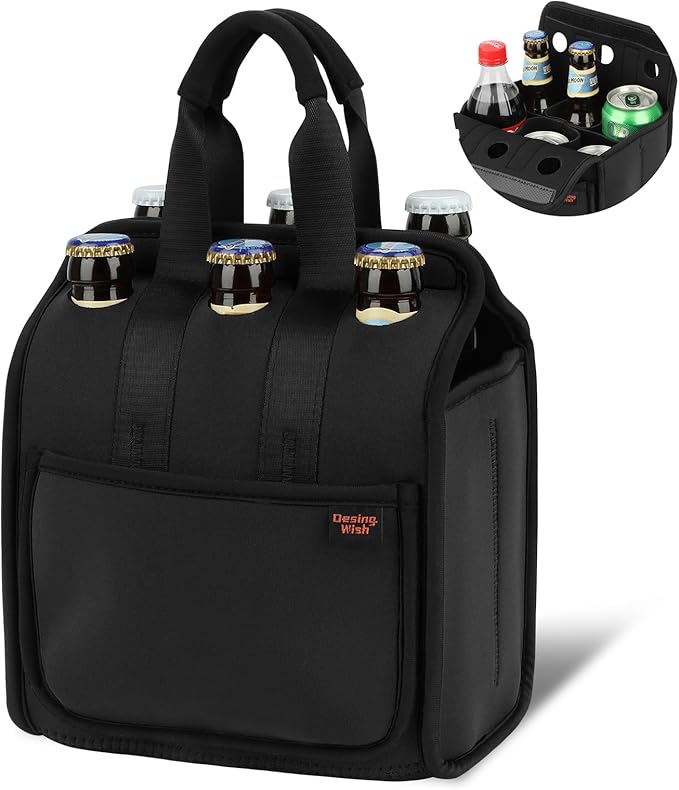Portable Drinks Tote Bag for 6 PCS Beverage Cans/Bottles, Neoprene Insulated Drinks Can Bottle Carrier Tote Beverages Cans Cooler Bag Holder for Camping, Picnic, Party (Black) by DesingWish