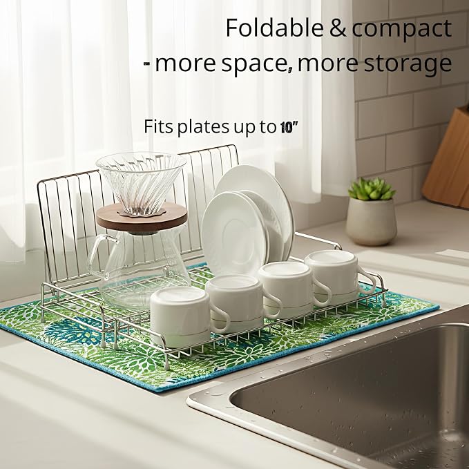 Collapsible Dish Drying Rack with Green Mat, Small Space Dish Rack for Dorm | JM.JEEMI Folding Compact Dishes Drying Rack for Kitchen Counter - Foldable, 304 Stainless Steel, Silver - Image 2