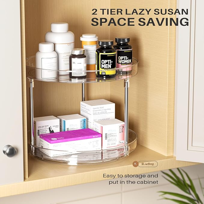 2 Pack 2 Tier Lazy Susan Turntable Organizer, Clear Rotating Lazy Susan | 360 Degree Rotating Spice Rack for Cabinet, Makeup and Perfume Organizer for Vanity, Counter Organizer Tray for Bathroom - Image 2