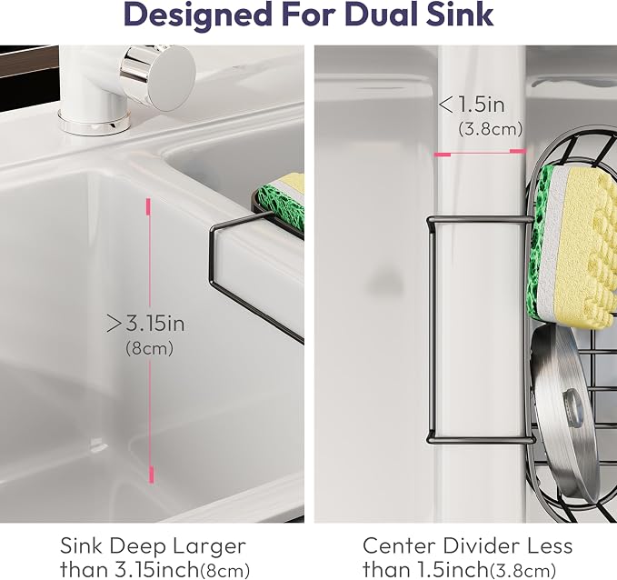 SWTYMIKI Sponge Holder for Kitchen Sink - Movable Sink Caddy with Smiley Face Sponge Holder, Rustproof Hanging Sponge Organizer in Double Bowl Sinks Depth>3.15in, Middle Divider<1.5in, Black - Image 2