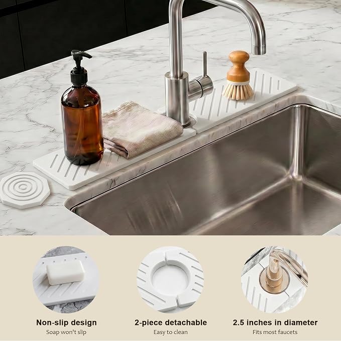 Stone Faucet Mat for Kitchen Sink,Sink Splash Guard Absorbent Drying Mat | Diatomite Fast Water Tray for Bathroom Counter,Quick Dry Sink Protector Kitchen Accessories(White, 20"×3.9") - Image 2
