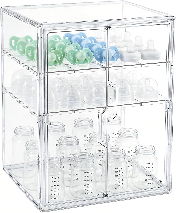 ERTIUANIO Baby Bottle Organizer for Countertop Cabinet Storage | 3 Tier Adjustable Clear Acrylic Station Container with 2 Removable Dividers for Vanity, Bathroom, Nursery, Gifts for New Mom by ERTIUANIO