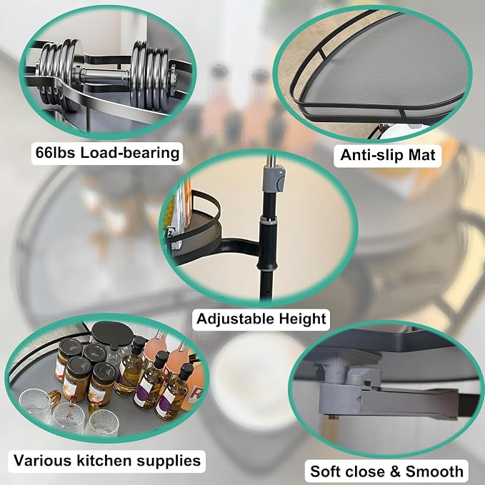 Blind Corner Cabinet Pull Out Organizer Swing Right Lazy Susan for Cabinet 32in, 2-Tier Shelf Kitchen Cupboard Magic Corner Pull Out with Soft Close, Adjustable Height, Metal Black - Image 4