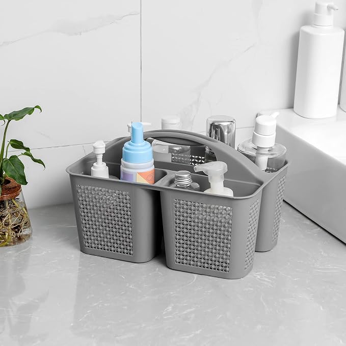 Plastic Portable Shower Caddy Basket with Handle, 3 Compartments, Grey | Storage Organizer with Drain Holes, Sturdy and Durable For Bathroom, Kitchen, College Dorm, Sink, Camping - Image 2
