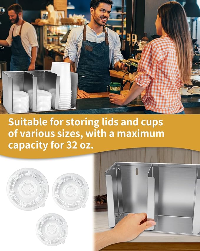 Stainless Steel Cup Dispenser,3 Compartments Cup Holder and Lid Holder with Adjustable Dividers,Cup Organizer for Kitchen Cabinets Cafe Shop Restaurant,Includes Straw Holder - Image 4