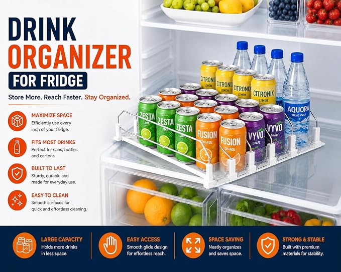 Drink Organizer for Fridge with Cleaning Brush, Soda Can Dispenser for Refrigerator, Automatic Drink Dispenser for Fridge Holds up to 25 Cans, 5 Row Adjustable Organizer with Smooth Pusher Glide White - Image 9