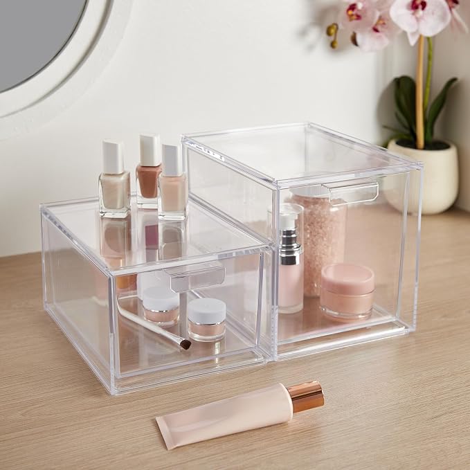 STORi Audrey Stackable Clear Bin Plastic Organizer Drawers | 2 Piece Set | Organize Cosmetics and Beauty Supplies on a Vanity | Made in USA (Pack of 6) - Image 7