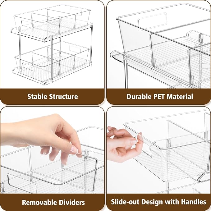 Bathroom Under Sink Organizers and Storage, 2 Tier, 2 Packs | Clear Vanity Countertop Pull-out Cabinet Organizer, Stackable Multi-Purpose Kitchen Pantry Organization with Dividers - Image 4