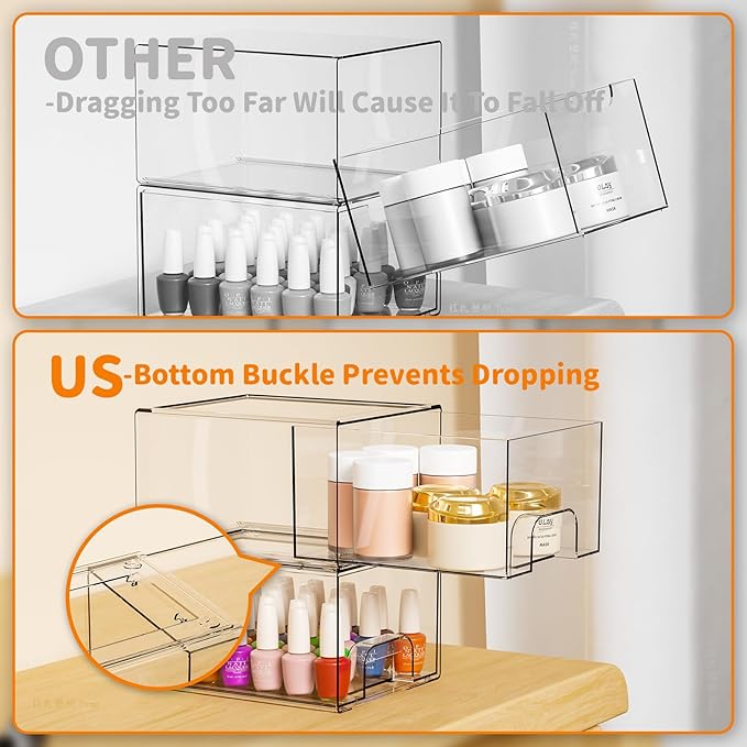 6 Pack Small Stackable Storage Drawers,4.4 Inch Tall Stacking Acrylic Clear Storage Bins for Bathroom Vanity,Undersink,Pull Out Drawer Organizers for Beauty,Makeup,Medicine Cabinet Organizers - Image 4