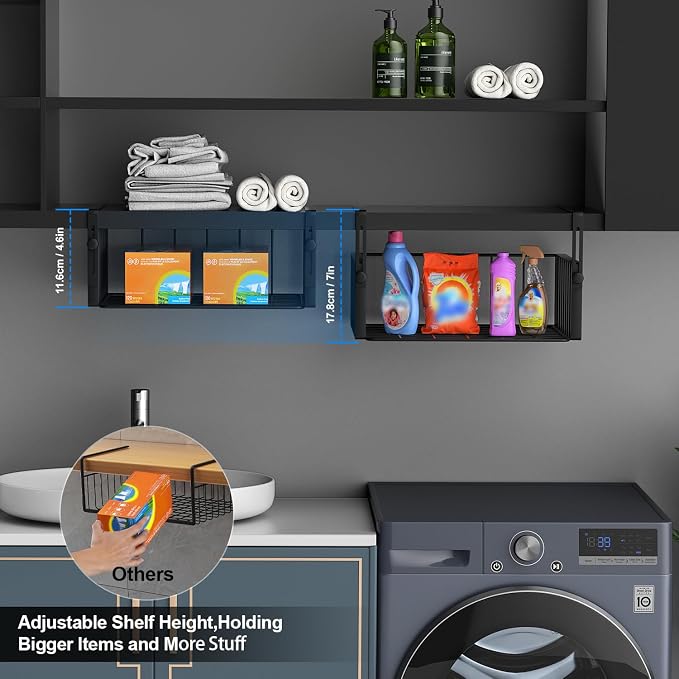 AmonHouseware 2Pack Under Shelf Basket Storage,Adjustable Hanging,Black | Under Cabinet Shelf Add-on, Slide-in Baskets,Organizer for Laundry Room Kitchen Pantry Desk Bookshelf Counter Cupboard - Image 3