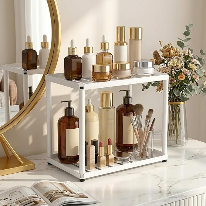2 Tier Bathroom Counter Organizer, Rectangular Vanity Organizer Shelf, Skincare and Makeup Countertop Storage Rack for Kitchen, Bathroom, Bedroom,White - Image 6