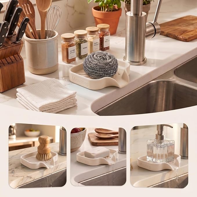 MicoYang Silicone Soap Dish with Drain Spout, Self-Draining Sink Organizer Tray for Bathroom and Kitchen, Sponges, Dispensers and Soap Holder, Non-Slip & Dishwasher Safe, Tapioca (Compact, 4.9"×3.2") - Image 3